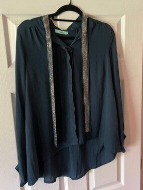 Karlie Sheer Dark Blue Large Button Down Blouse w Golden Bejeweled Scarf Piece